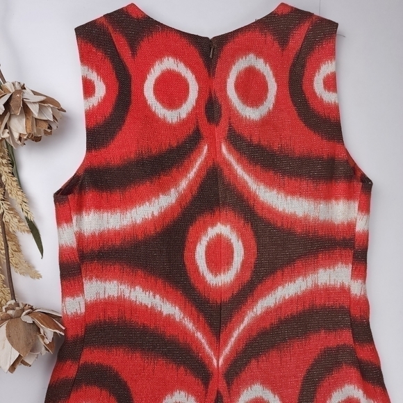 Tory Burch Red Cream Brown Linen Dress Sz 4 - Picture 9 of 12